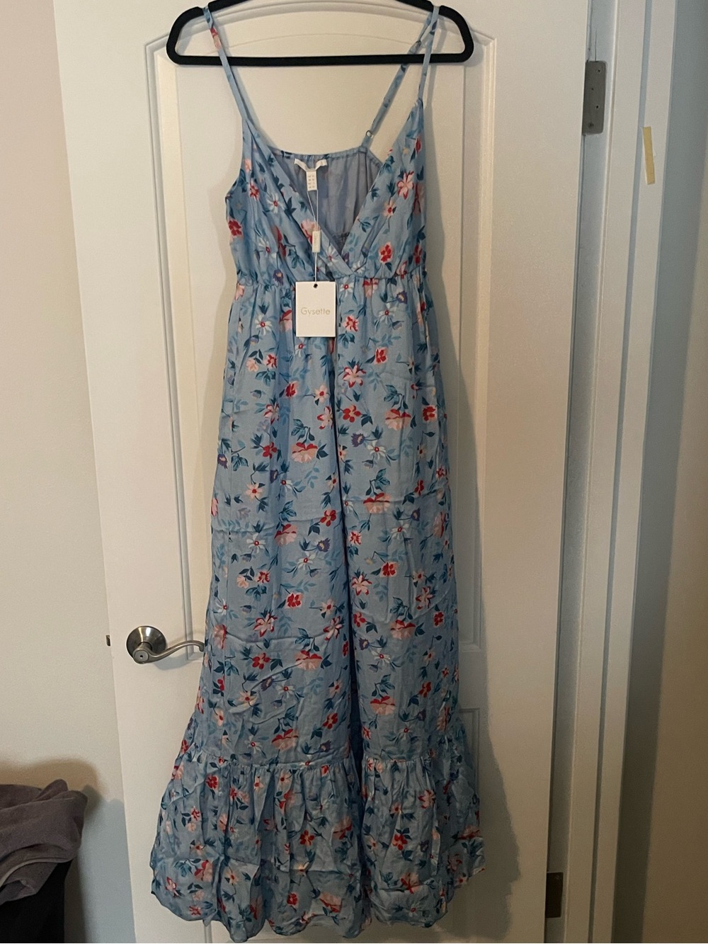 Elle Light Blue Floral Maxi Dress with Red and Pink Accents